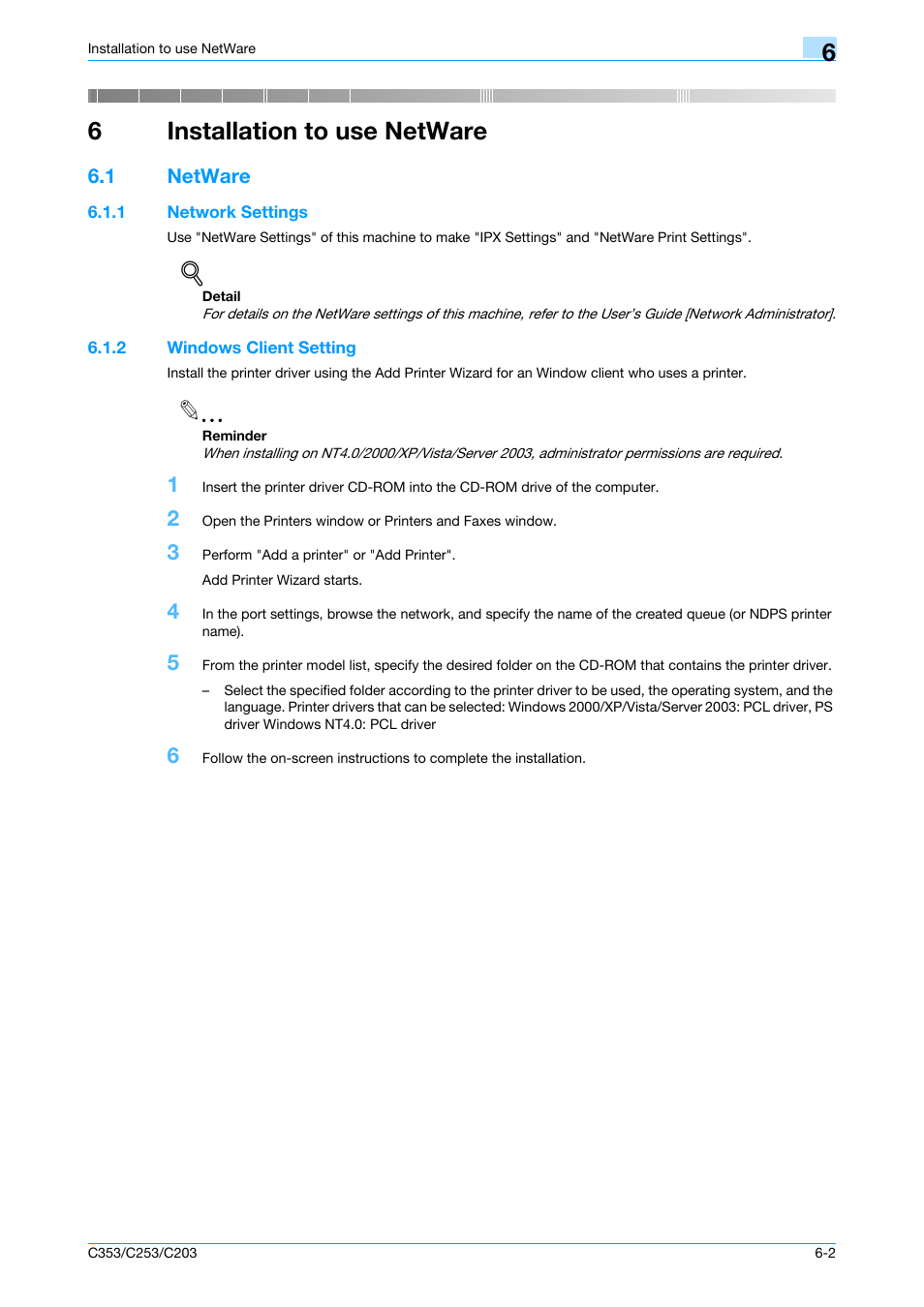 6 installation to use netware, 1 netware, 1 network settings | 2 windows client setting, Installation to use netware, Netware -2, Network settings -2, Windows client setting -2, 6installation to use netware | Konica Minolta bizhub C353 User Manual | Page 78 / 262