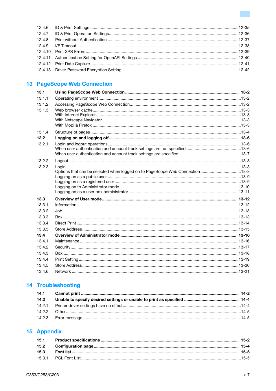 13 pagescope web connection, 14 troubleshooting, 15 appendix | Konica Minolta bizhub C353 User Manual | Page 8 / 262