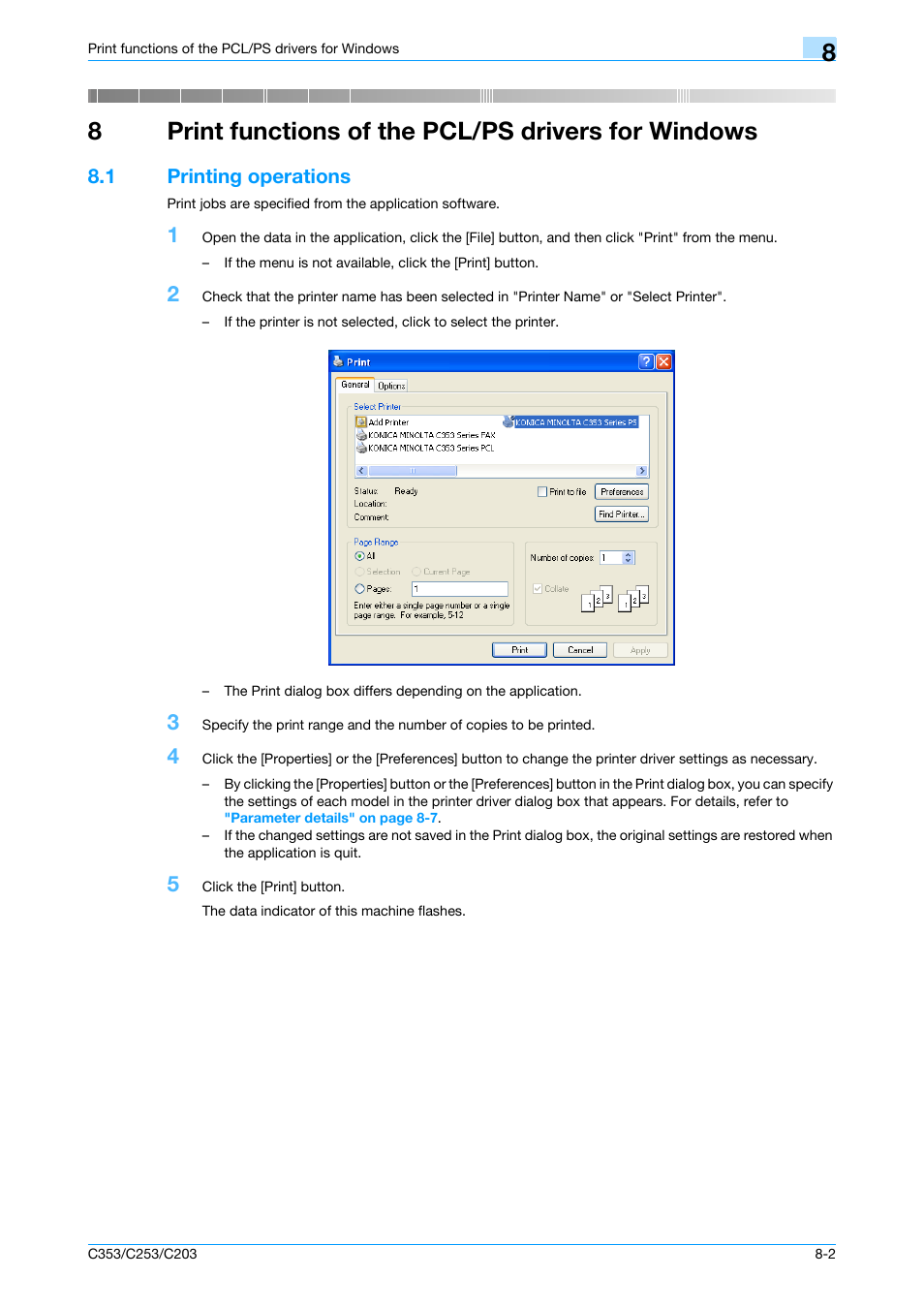 1 printing operations, Print functions of the pcl/ps drivers for windows, Printing operations -2 | 8print functions of the pcl/ps drivers for windows | Konica Minolta bizhub C353 User Manual | Page 84 / 262