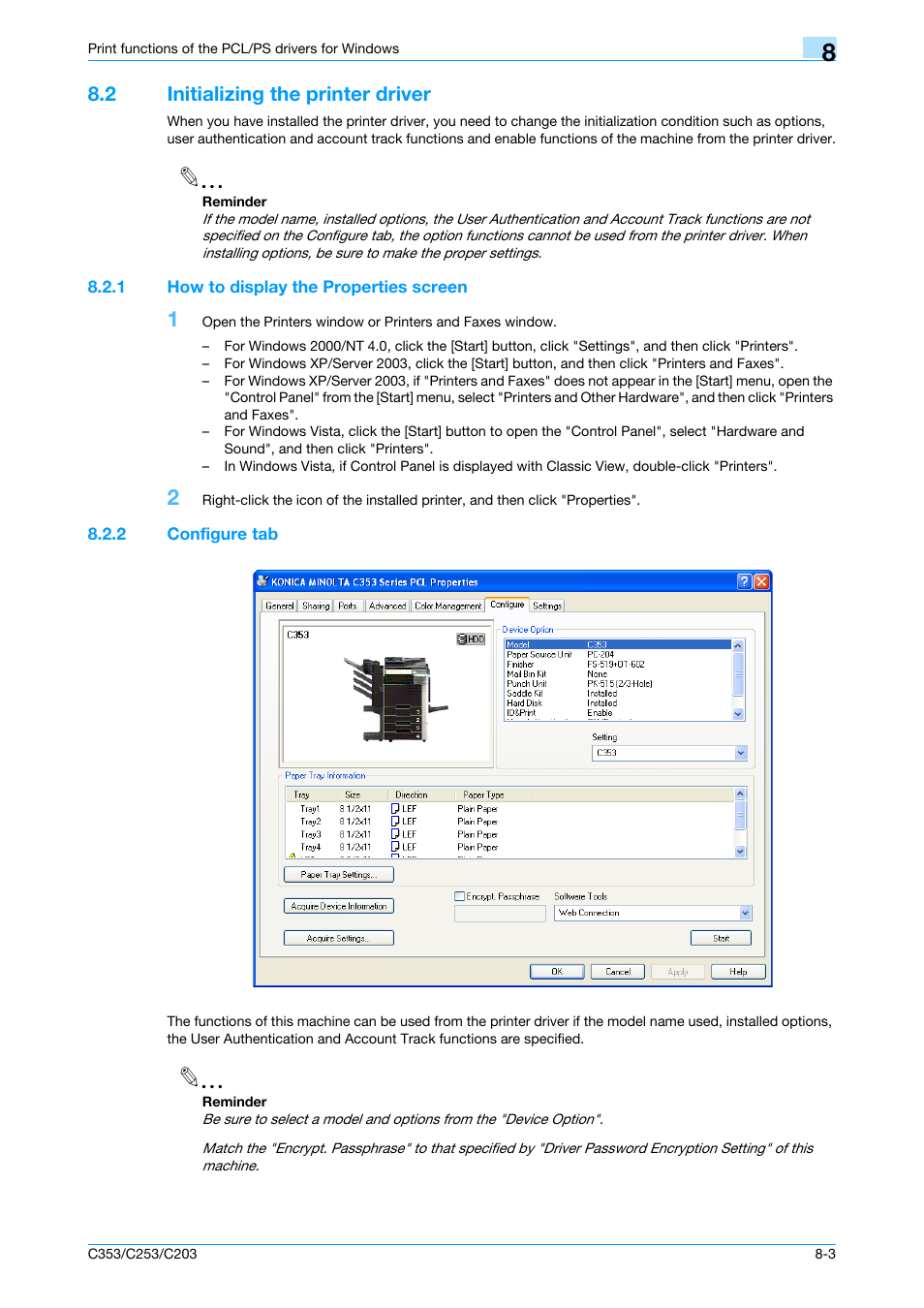 2 initializing the printer driver, 1 how to display the properties screen, 2 configure tab | Initializing the printer driver -3, How to display the properties screen -3, Configure tab -3, Initializing the printer driver" on | Konica Minolta bizhub C353 User Manual | Page 85 / 262