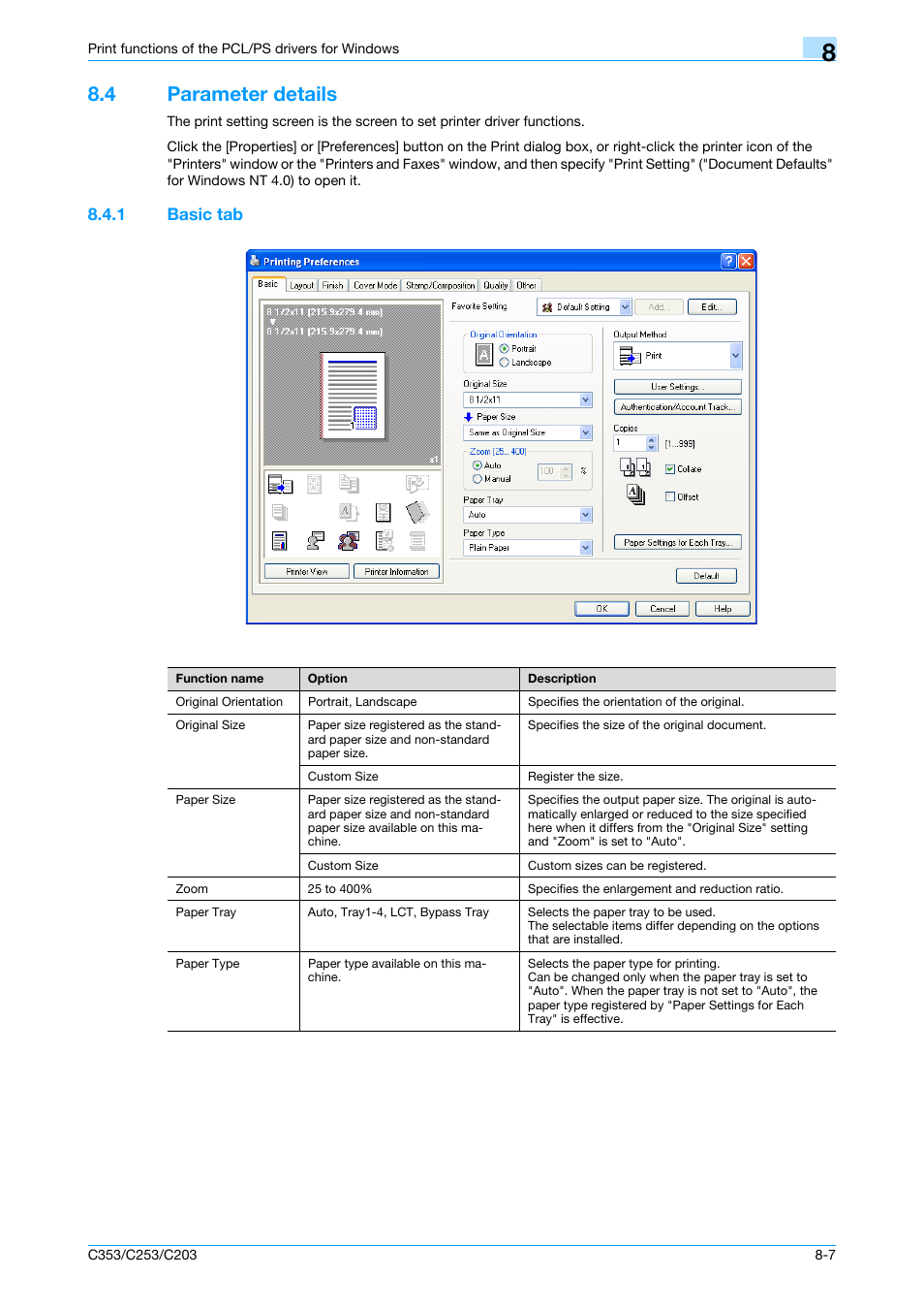 4 parameter details, 1 basic tab, Parameter details -7 | Basic tab -7, Parameter details" on | Konica Minolta bizhub C353 User Manual | Page 89 / 262