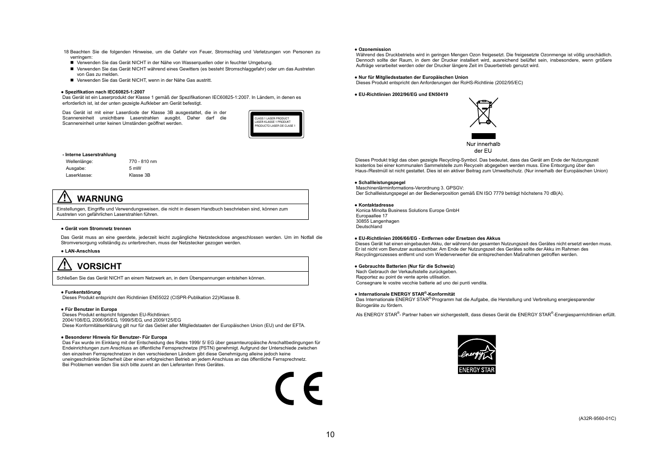 Warnung, Vorsicht | Konica Minolta bizhub 20 User Manual | Page 11 / 57