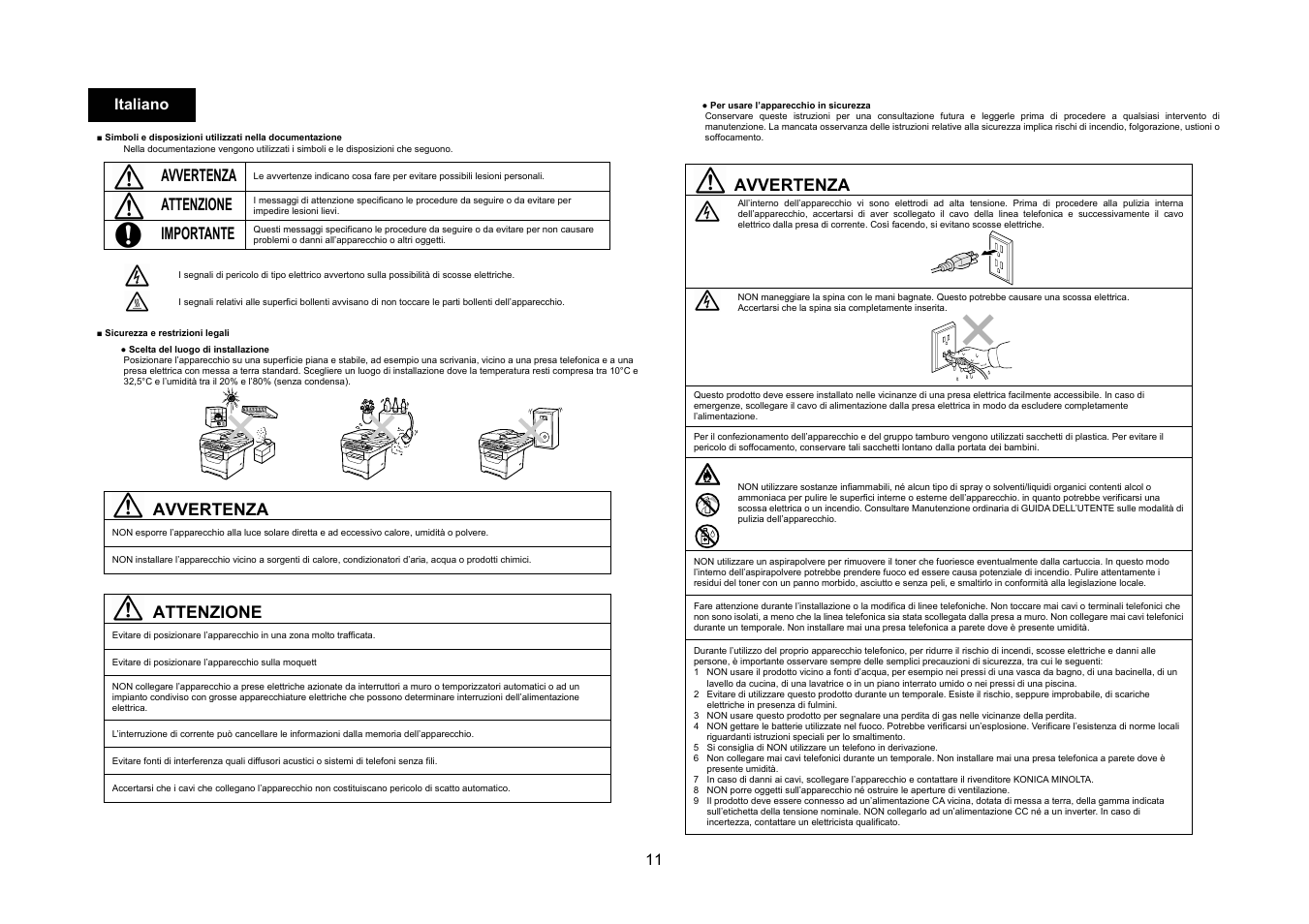 Avvertenza, Attenzione, Importante | 11 italiano | Konica Minolta bizhub 20 User Manual | Page 12 / 57