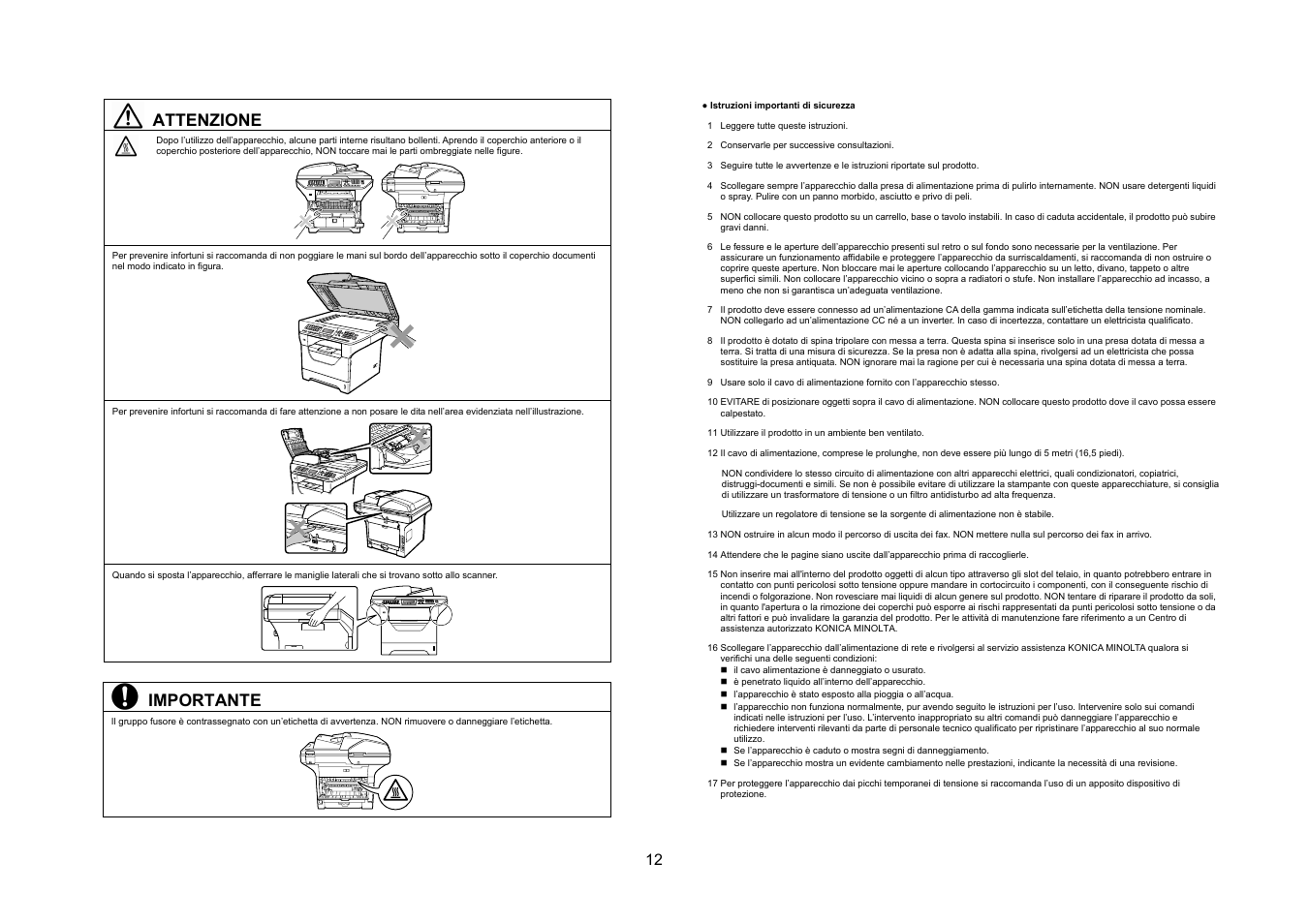 Attenzione, Importante | Konica Minolta bizhub 20 User Manual | Page 13 / 57