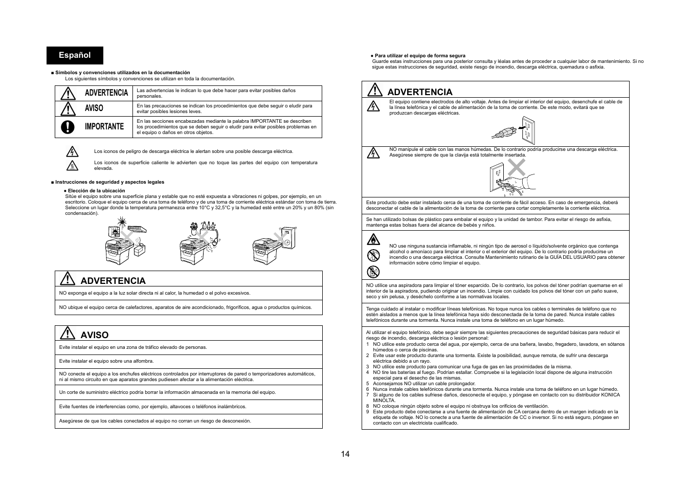 Advertencia, Aviso, Importante | 14 español | Konica Minolta bizhub 20 User Manual | Page 15 / 57
