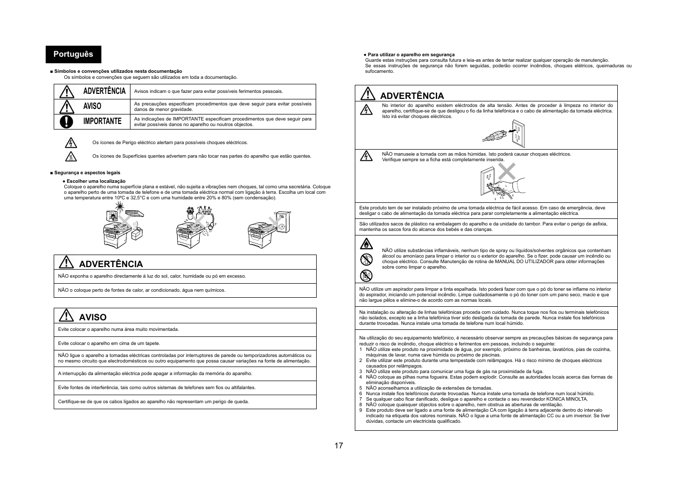 Advertência, Aviso, Importante | 17 português | Konica Minolta bizhub 20 User Manual | Page 18 / 57