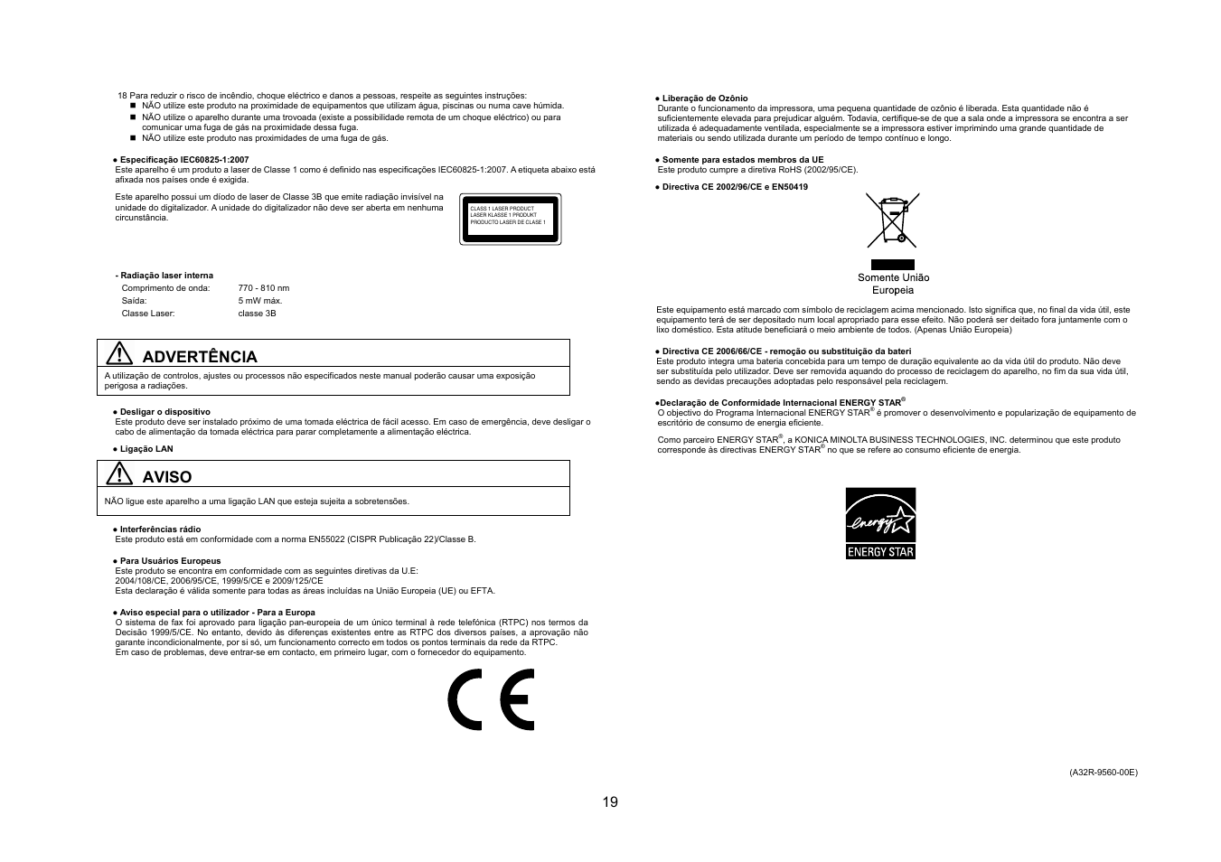 Advertência, Aviso | Konica Minolta bizhub 20 User Manual | Page 20 / 57