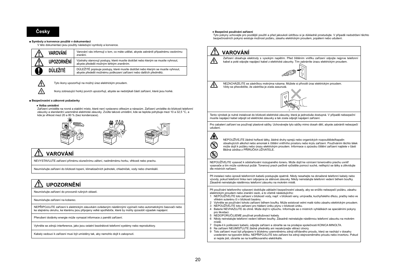 Varování, Upozornění, Důležité | 20 česky | Konica Minolta bizhub 20 User Manual | Page 21 / 57