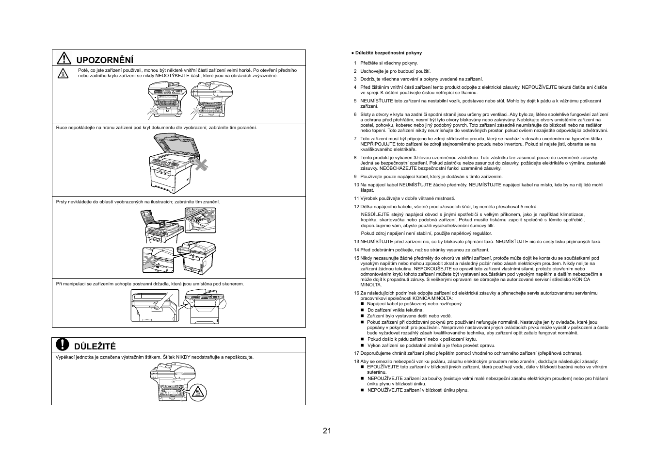 Upozornění, Důležité | Konica Minolta bizhub 20 User Manual | Page 22 / 57