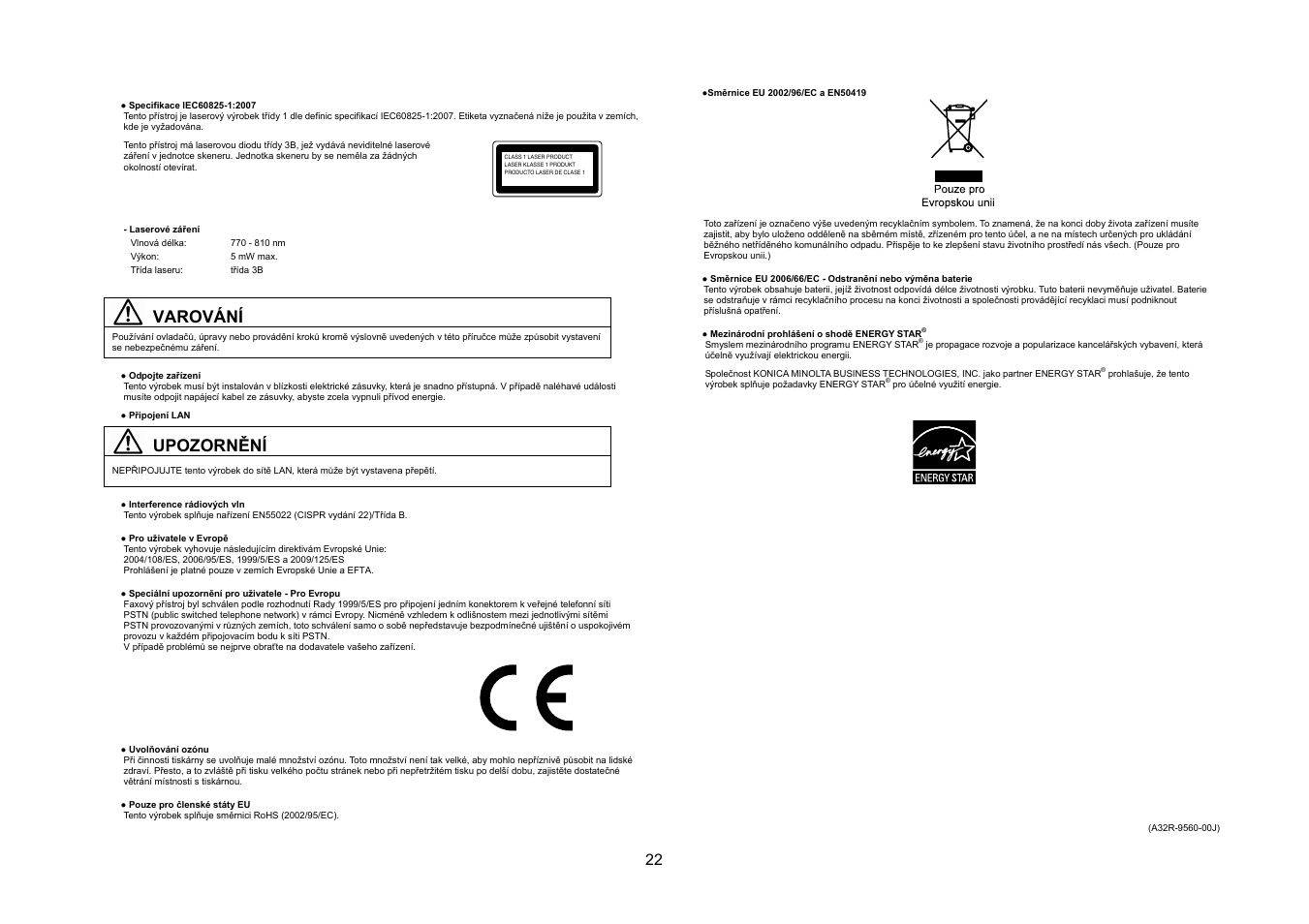 Varování, Upozornění | Konica Minolta bizhub 20 User Manual | Page 23 / 57