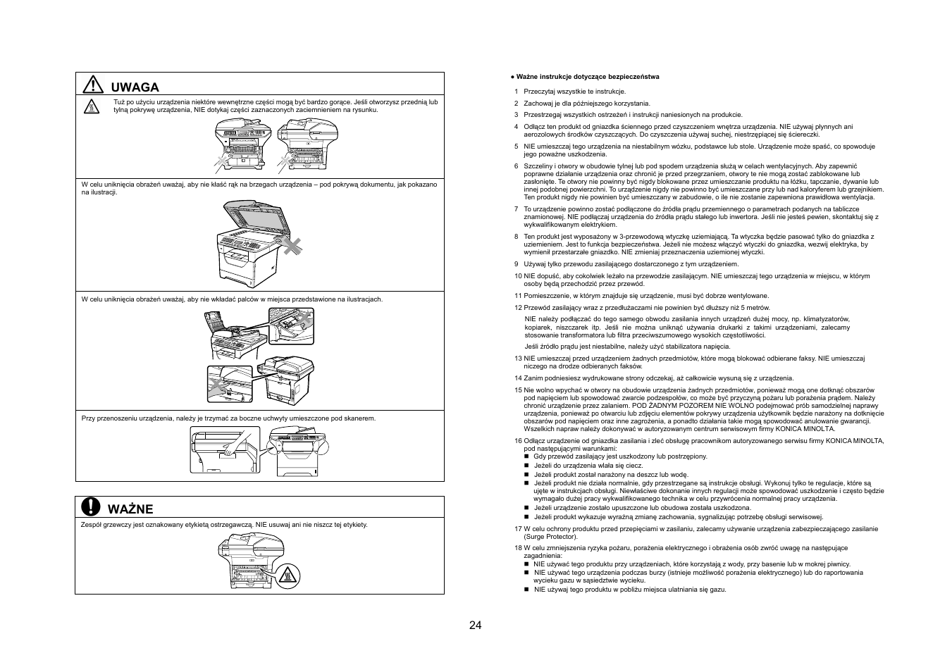 Uwaga, Ważne | Konica Minolta bizhub 20 User Manual | Page 25 / 57