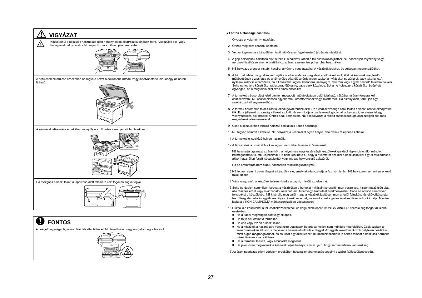 Vigyázat, Fontos | Konica Minolta bizhub 20 User Manual | Page 28 / 57