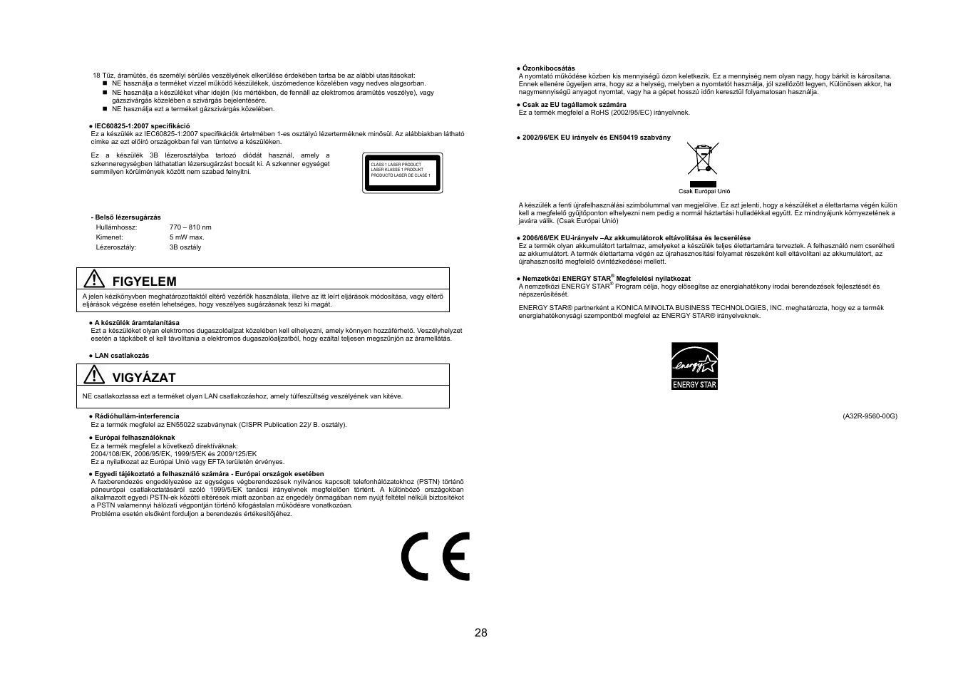 Figyelem, Vigyázat | Konica Minolta bizhub 20 User Manual | Page 29 / 57