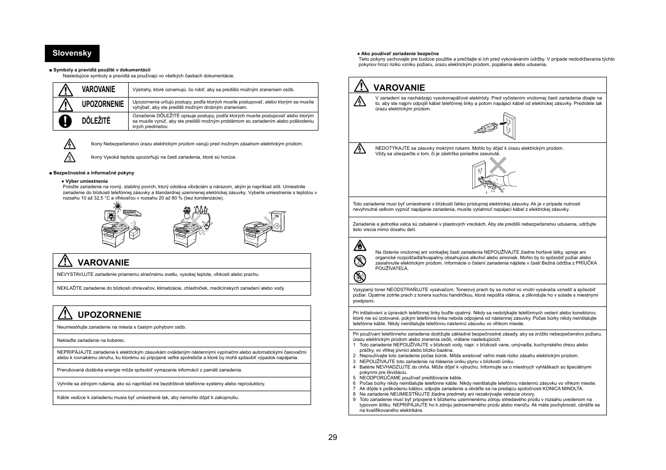 Varovanie, Upozornenie, Dôležité | 29 slovensky | Konica Minolta bizhub 20 User Manual | Page 30 / 57