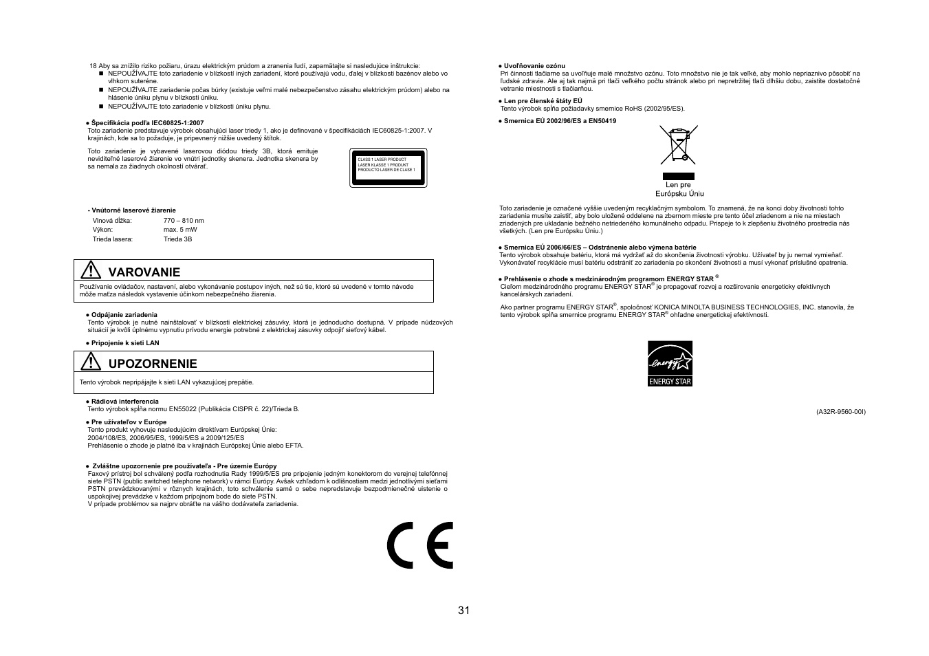 Varovanie, Upozornenie | Konica Minolta bizhub 20 User Manual | Page 32 / 57