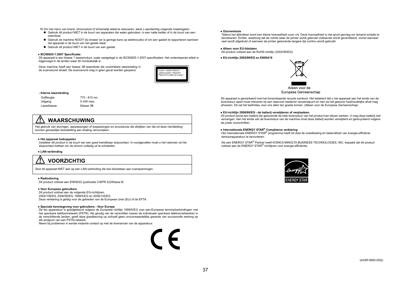 Waarschuwing, Voorzichtig | Konica Minolta bizhub 20 User Manual | Page 38 / 57