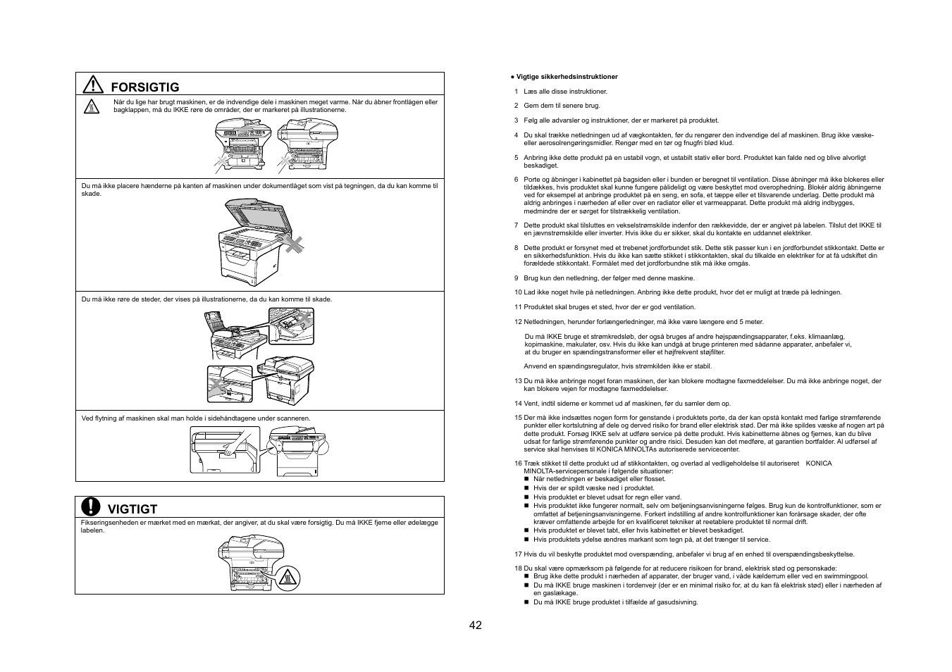 Forsigtig, Vigtigt | Konica Minolta bizhub 20 User Manual | Page 43 / 57