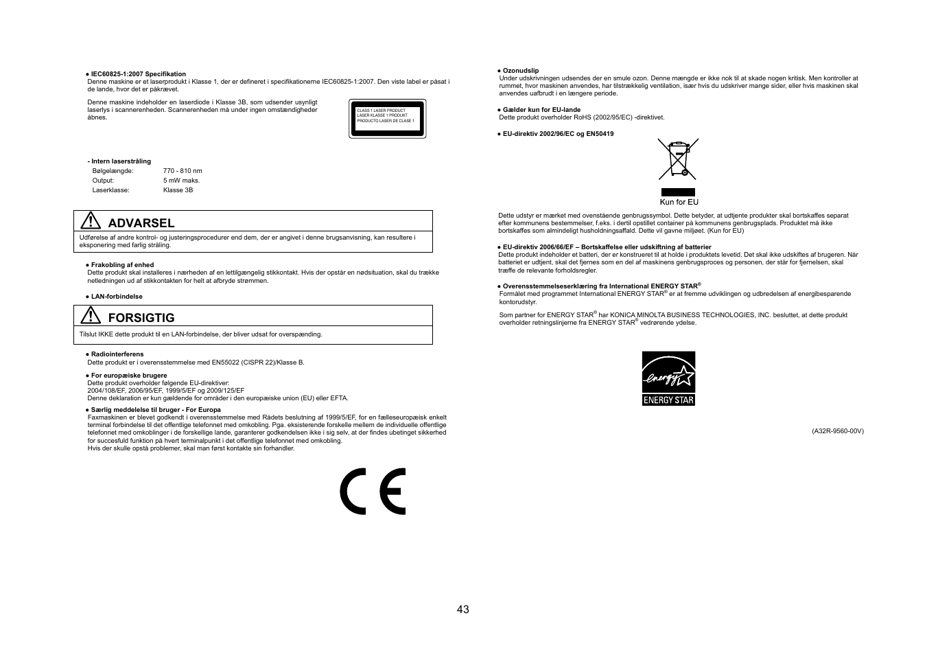 Advarsel, Forsigtig | Konica Minolta bizhub 20 User Manual | Page 44 / 57