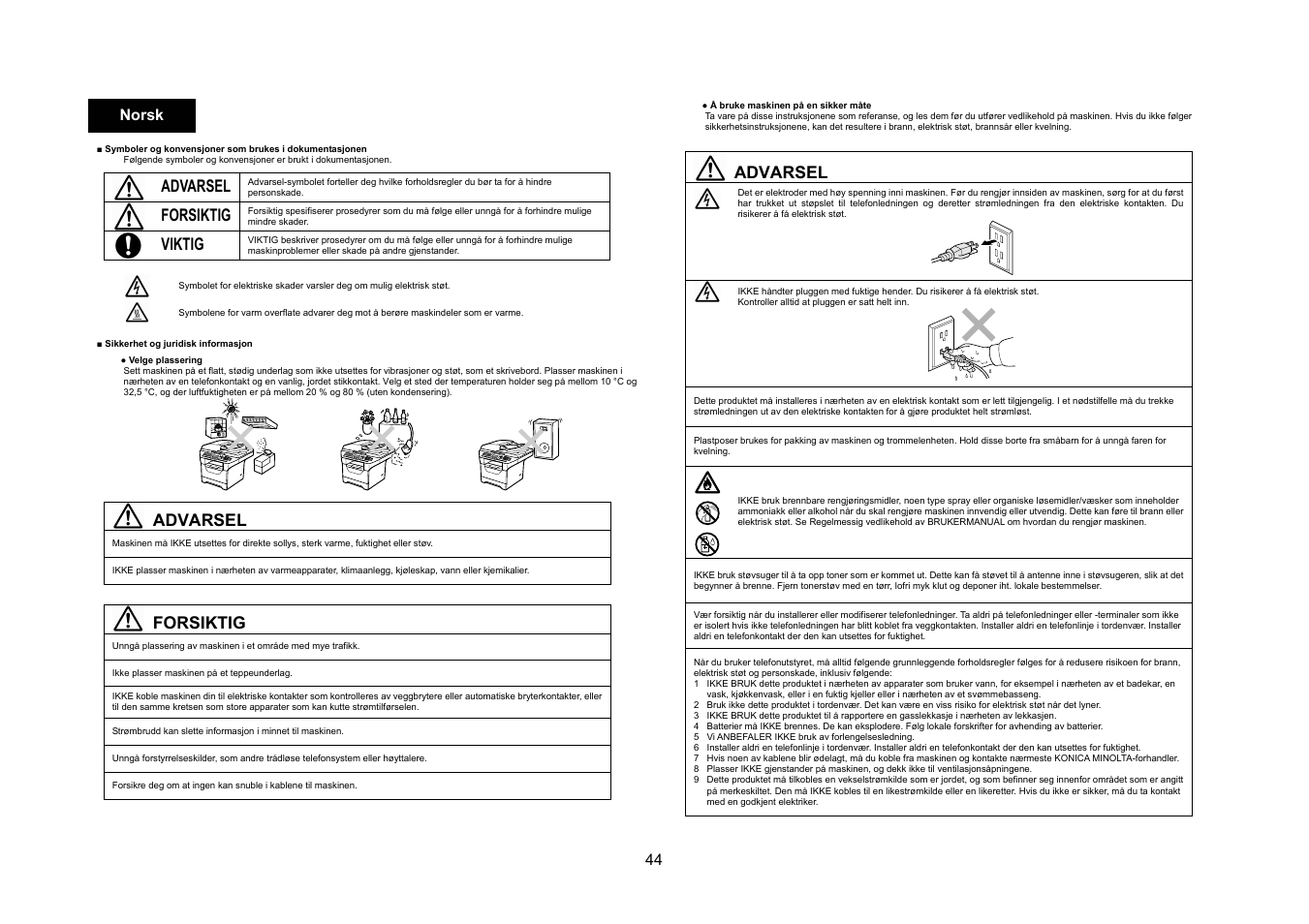 Advarsel, Forsiktig, Viktig | 44 norsk | Konica Minolta bizhub 20 User Manual | Page 45 / 57