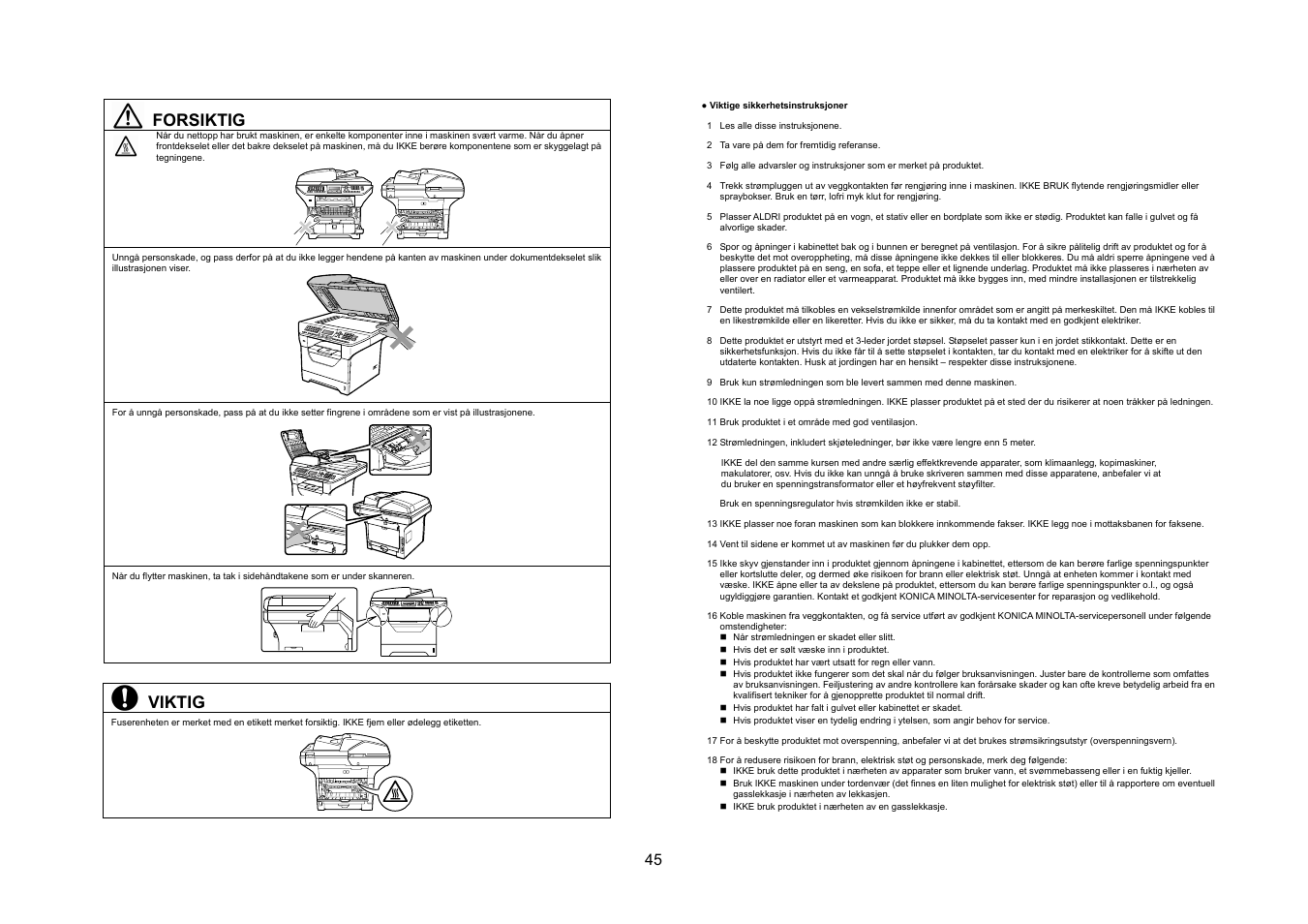 Forsiktig, Viktig | Konica Minolta bizhub 20 User Manual | Page 46 / 57