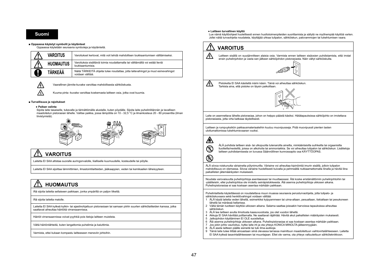 Varoitus, Huomautus, Tärkeää | 47 suomi | Konica Minolta bizhub 20 User Manual | Page 48 / 57