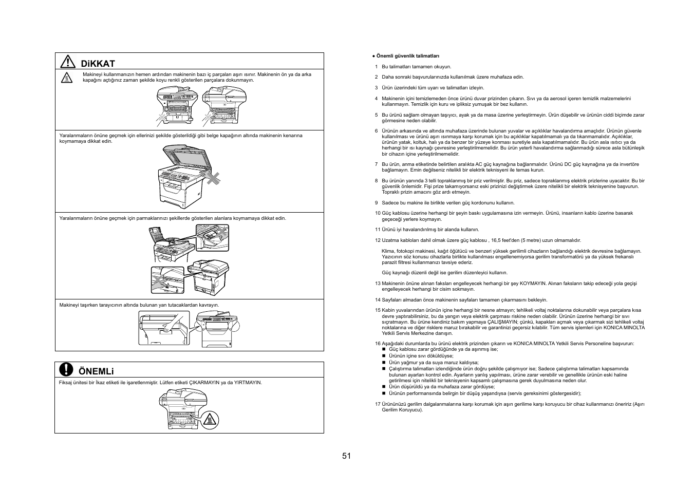 Dikkat, Önemli | Konica Minolta bizhub 20 User Manual | Page 52 / 57