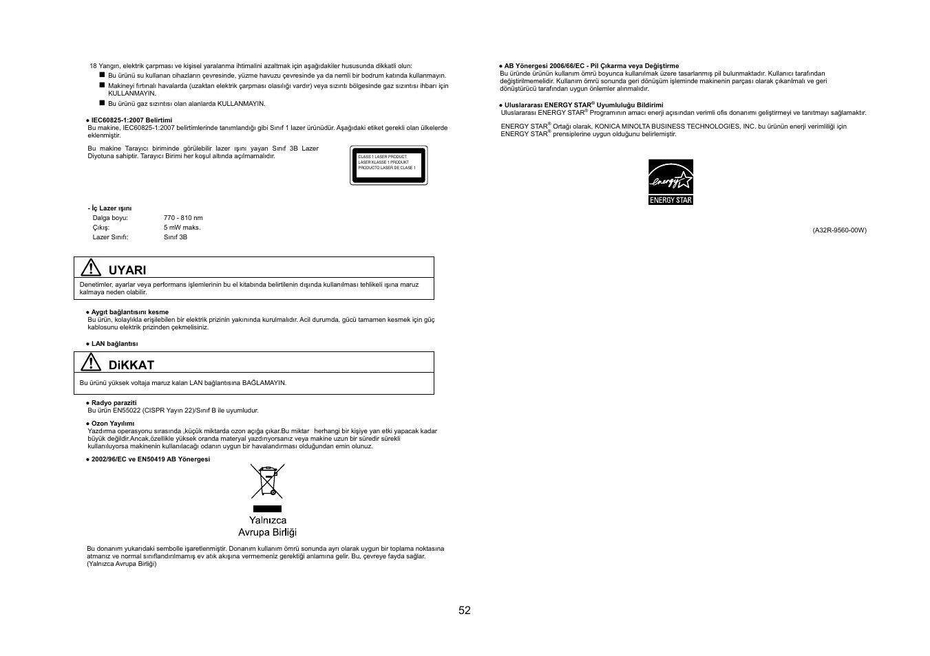 Uyari, Dikkat | Konica Minolta bizhub 20 User Manual | Page 53 / 57