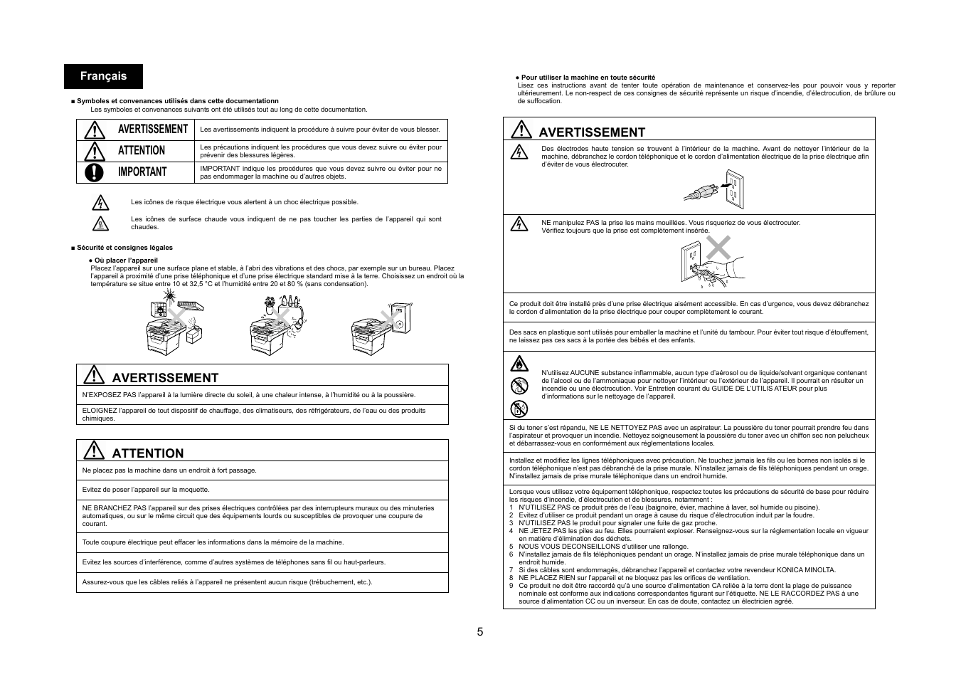 Avertissement, Attention, Important | 5 français | Konica Minolta bizhub 20 User Manual | Page 6 / 57