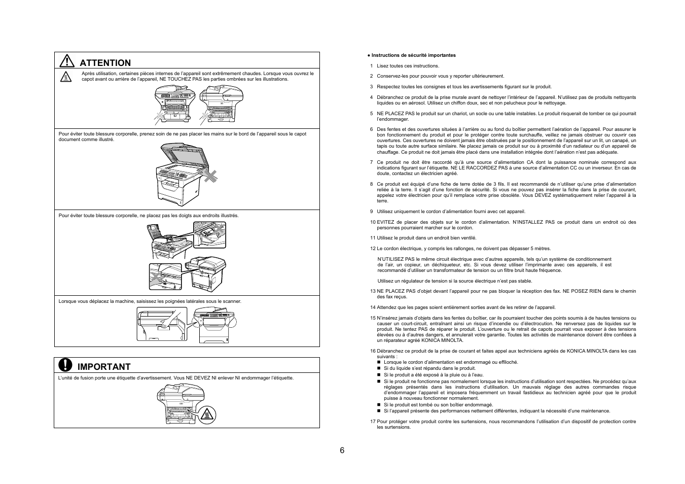 Attention, Important | Konica Minolta bizhub 20 User Manual | Page 7 / 57