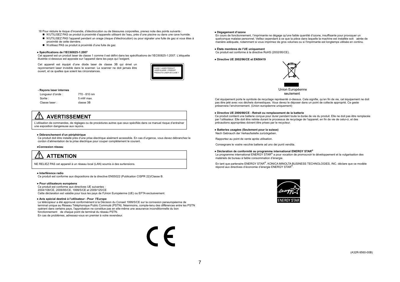 Avertissement, Attention | Konica Minolta bizhub 20 User Manual | Page 8 / 57