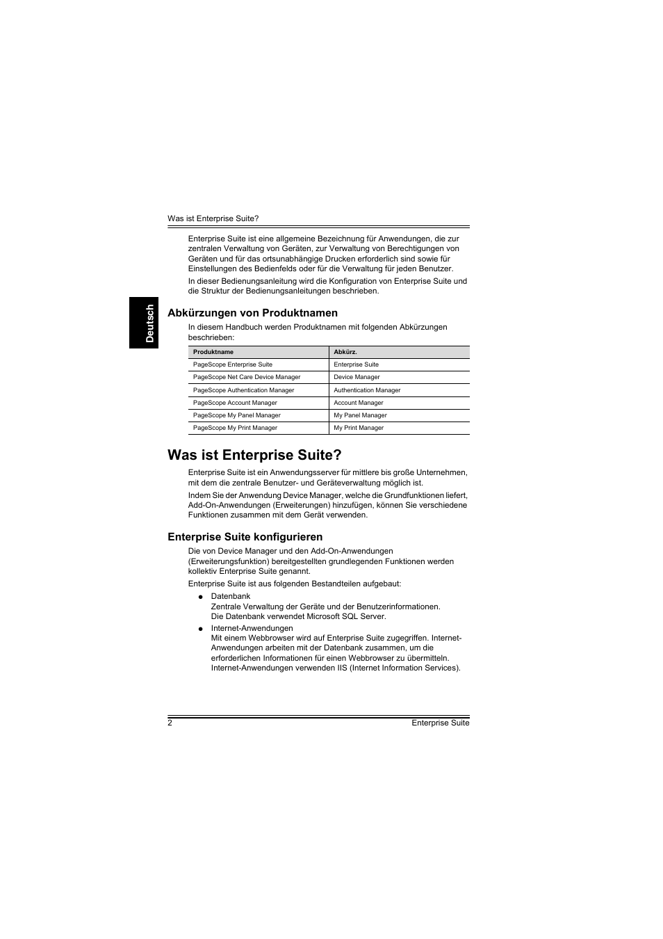 Abkürzungen von produktnamen, Was ist enterprise suite, Enterprise suite konfigurieren | Deutsch | Konica Minolta PageScope Enterprise Suite User Manual | Page 11 / 44
