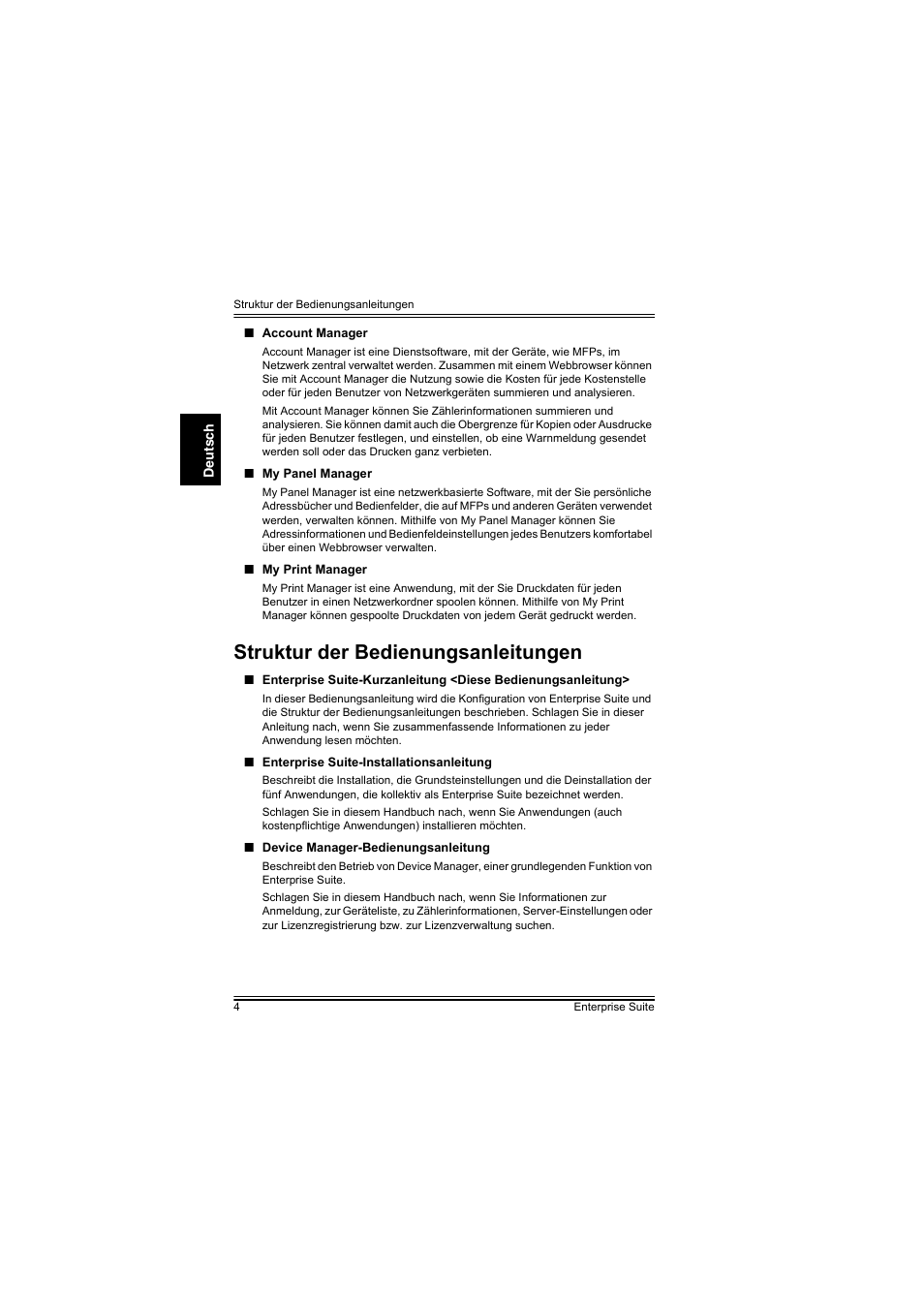 Struktur der bedienungsanleitungen | Konica Minolta PageScope Enterprise Suite User Manual | Page 13 / 44