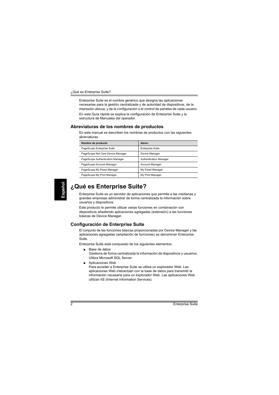 Abreviaturas de los nombres de productos, Qué es enterprise suite, Configuración de enterprise suite | Español | Konica Minolta PageScope Enterprise Suite User Manual | Page 23 / 44