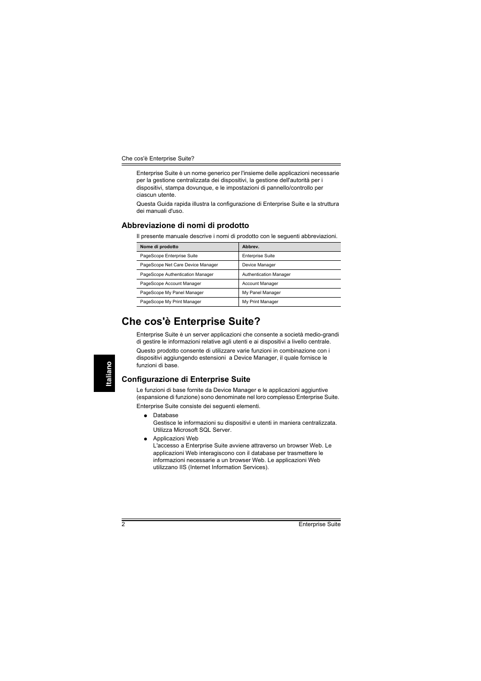 Abbreviazione di nomi di prodotto, Che cos'è enterprise suite, Configurazione di enterprise suite | Konica Minolta PageScope Enterprise Suite User Manual | Page 29 / 44