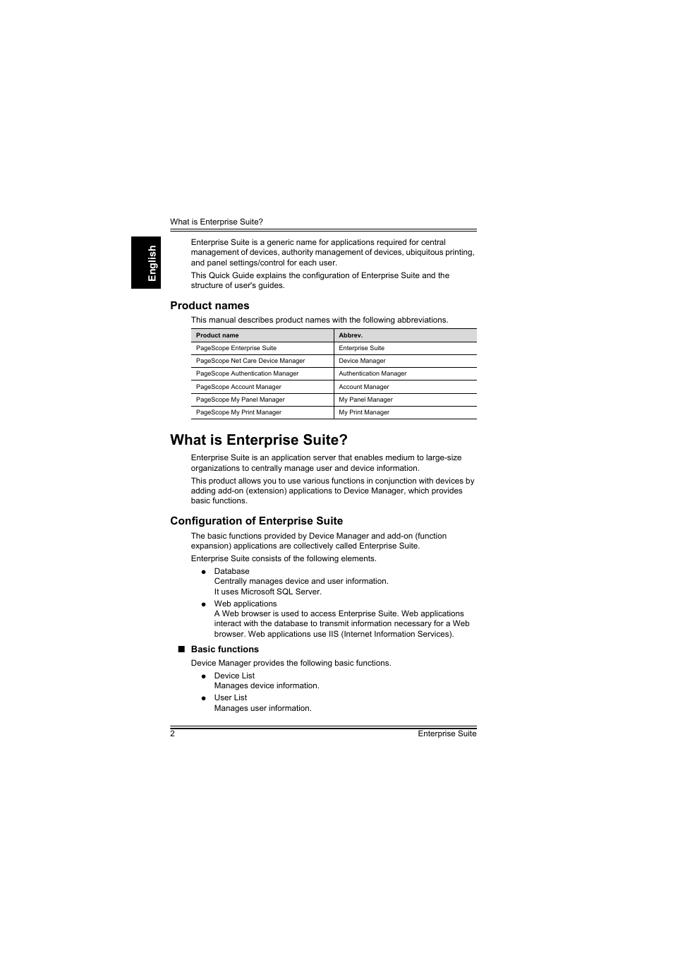 Product names, What is enterprise suite, Configuration of enterprise suite | English | Konica Minolta PageScope Enterprise Suite User Manual | Page 5 / 44
