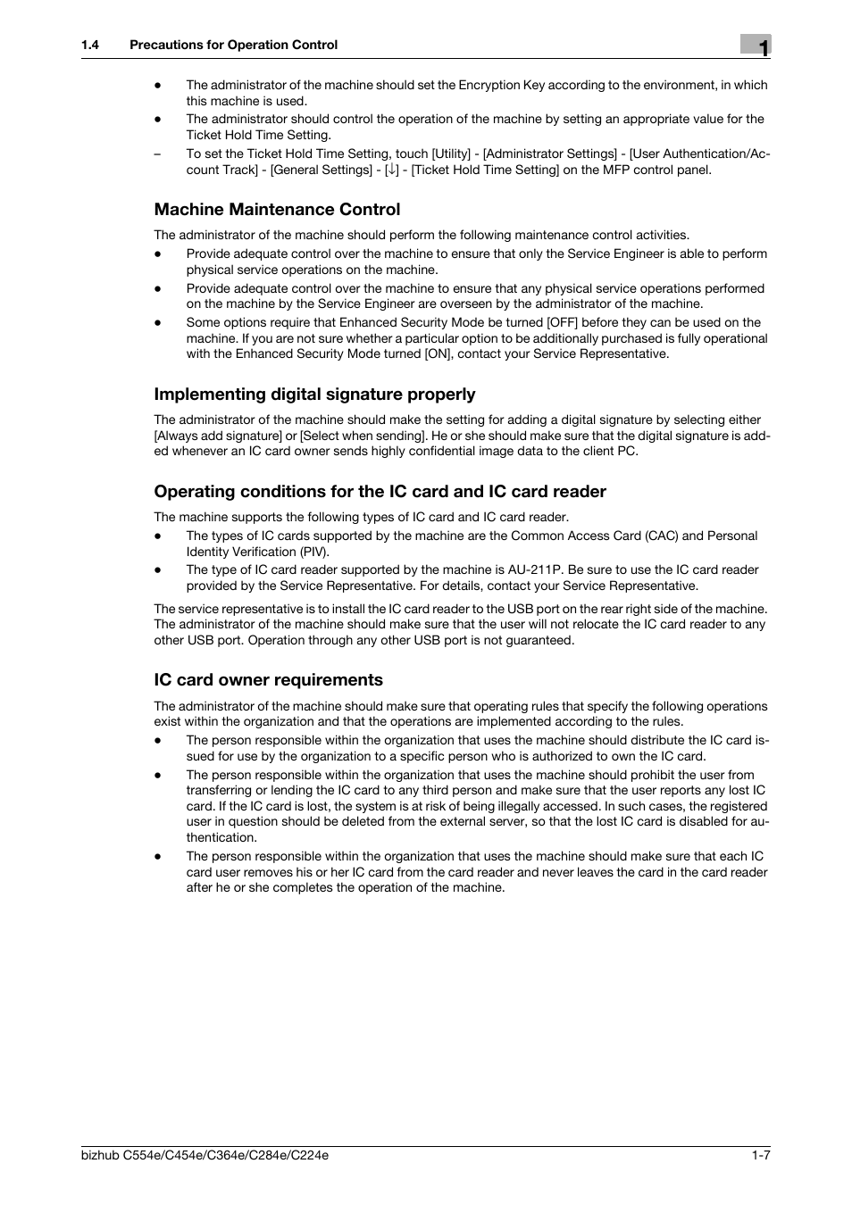 Machine maintenance control, Implementing digital signature properly, Ic card owner requirements | Konica Minolta bizhub C364e User Manual | Page 10 / 58