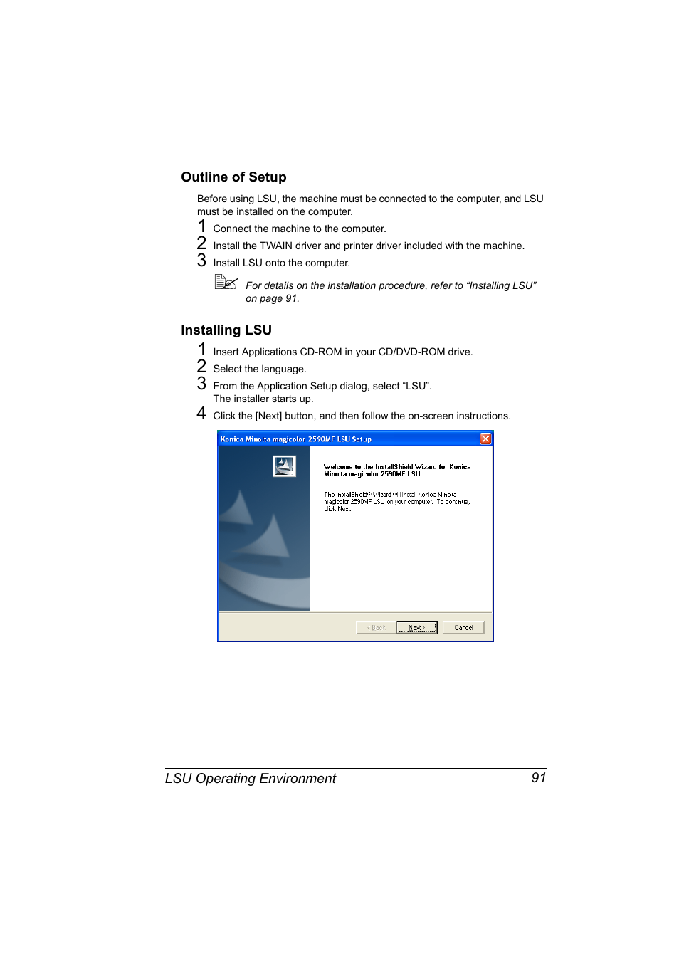 Outline of setup, Installing lsu, Outline of setup 91 installing lsu 91 | Konica Minolta magicolor 2590MF User Manual | Page 101 / 198