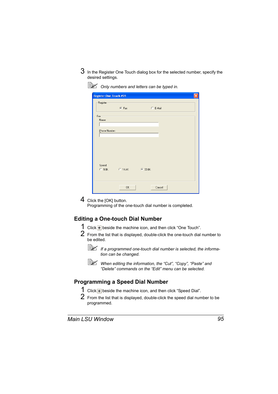 Editing a one-touch dial number, Programming a speed dial number | Konica Minolta magicolor 2590MF User Manual | Page 105 / 198