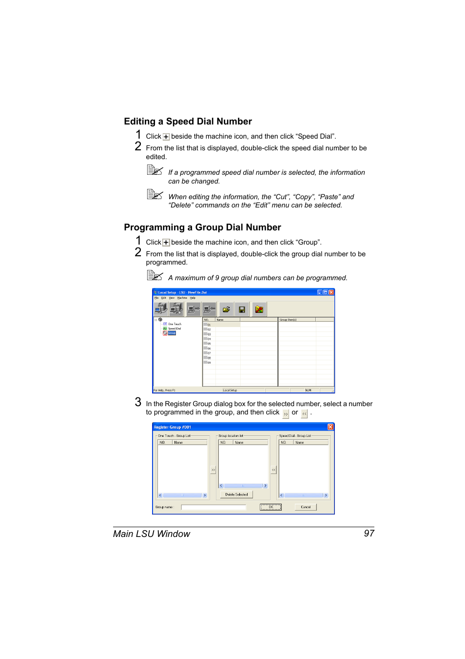 Editing a speed dial number, Programming a group dial number | Konica Minolta magicolor 2590MF User Manual | Page 107 / 198
