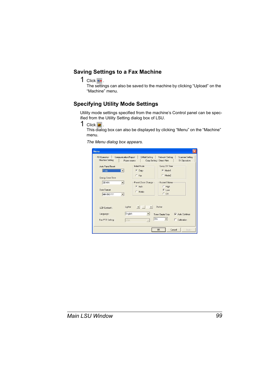 Saving settings to a fax machine, Specifying utility mode settings | Konica Minolta magicolor 2590MF User Manual | Page 109 / 198