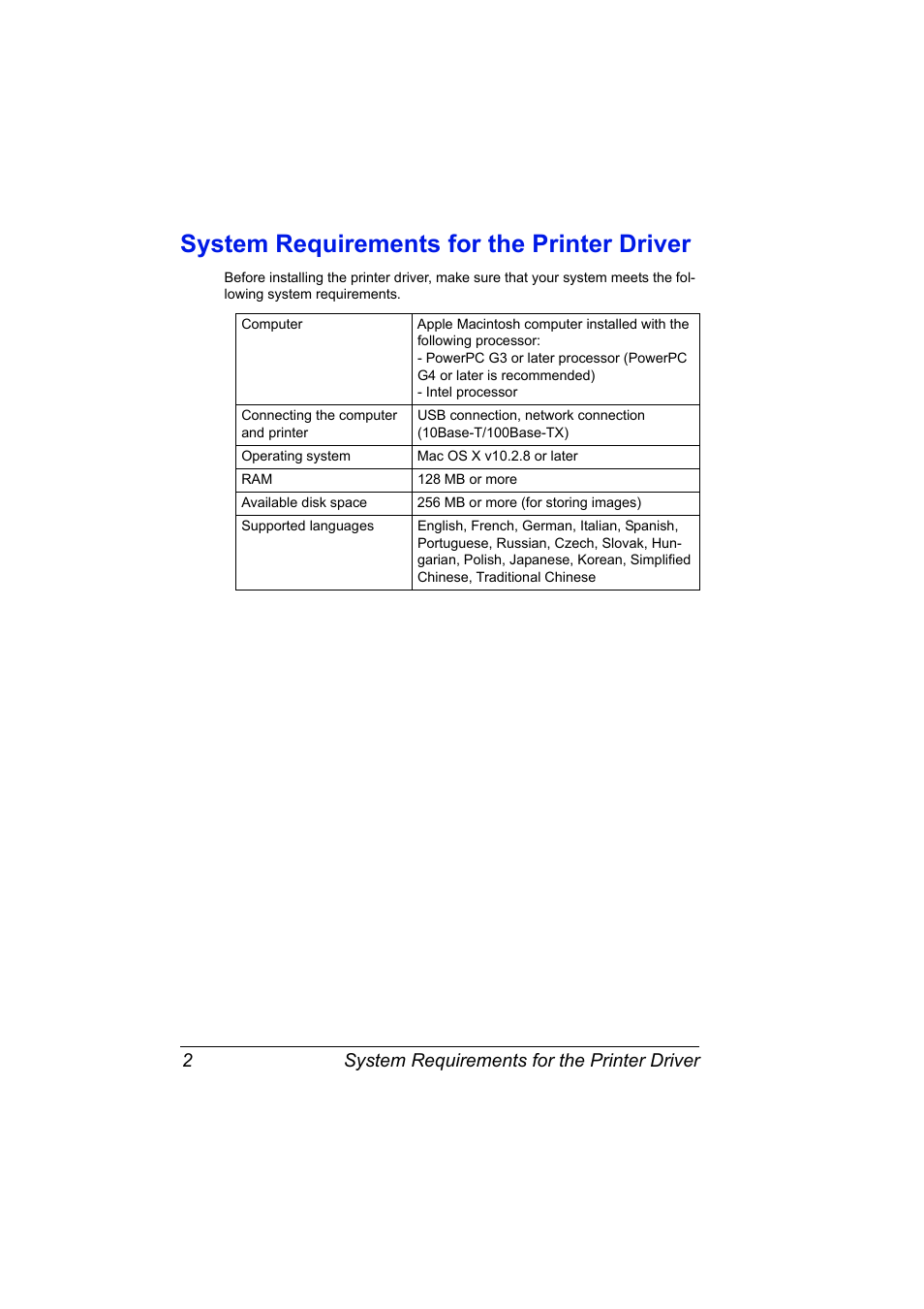System requirements for the printer driver, System requirements for the printer driver 2 | Konica Minolta magicolor 2590MF User Manual | Page 12 / 198