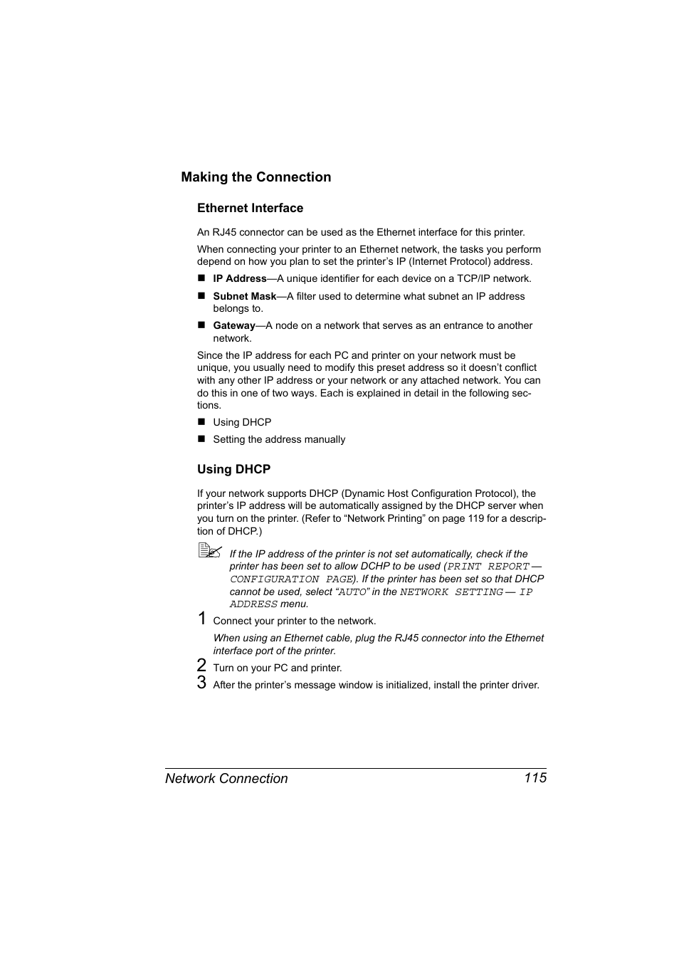 Making the connection, Ethernet interface, Using dhcp | Making the connection 115, Ethernet interface 115 using dhcp 115 | Konica Minolta magicolor 2590MF User Manual | Page 125 / 198