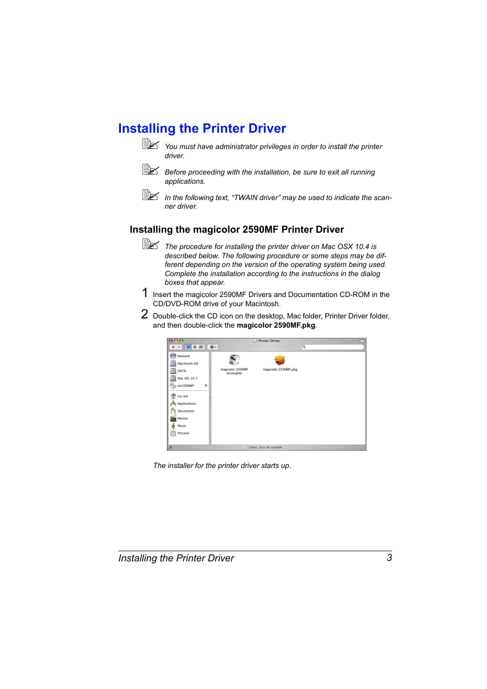 Installing the printer driver, Installing the magicolor 2590mf printer driver, Installing the printer driver 3 | Installing the magicolor 2590mf printer driver 3 | Konica Minolta magicolor 2590MF User Manual | Page 13 / 198