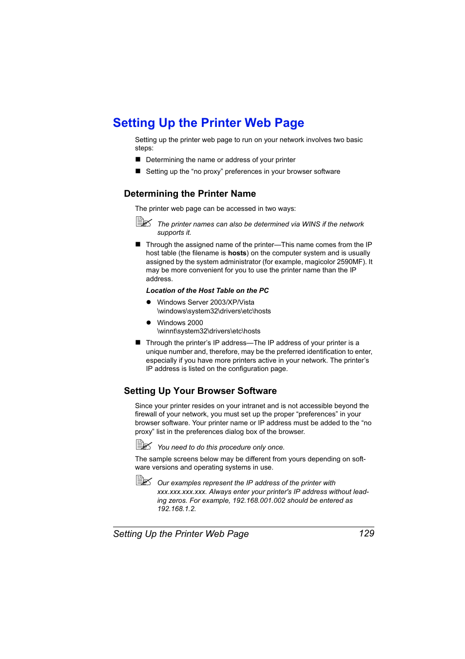 Determining the printer name, Setting up your browser software, Setting up the printer web page | Konica Minolta magicolor 2590MF User Manual | Page 139 / 198