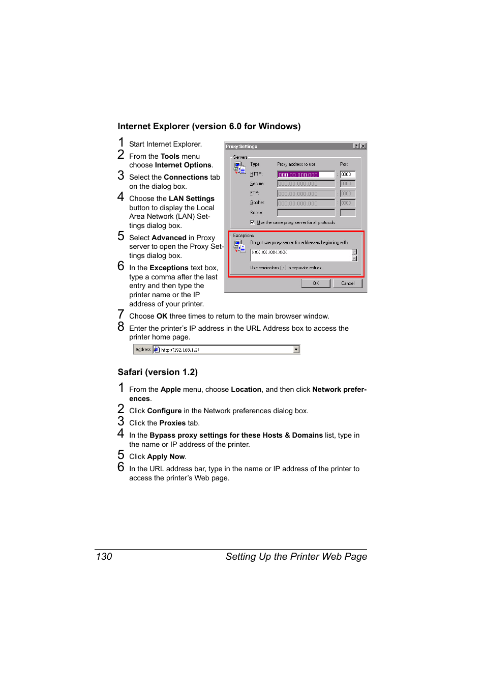 Internet explorer (version 6.0 for windows), Safari (version 1.2) | Konica Minolta magicolor 2590MF User Manual | Page 140 / 198