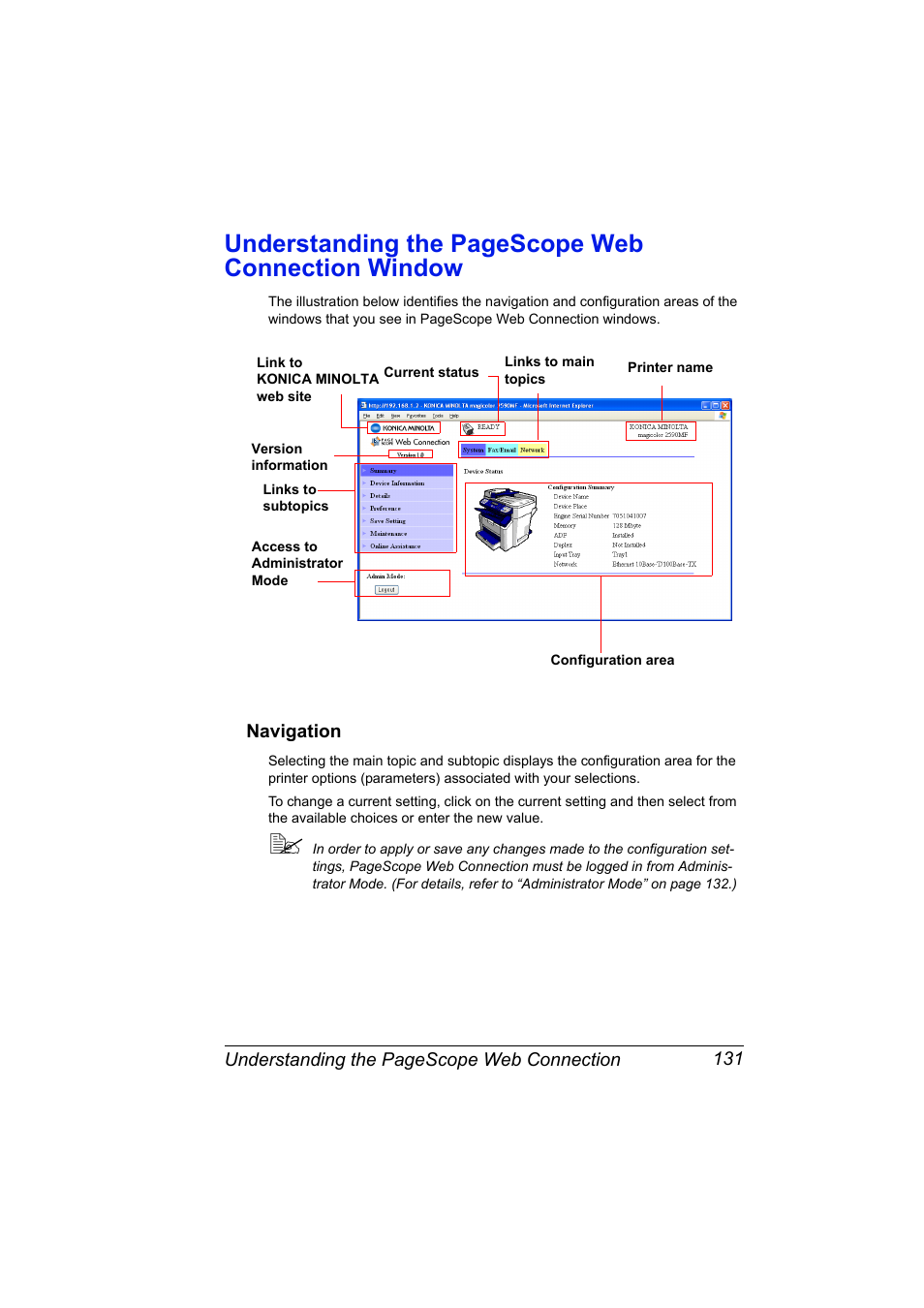 Navigation, Navigation 131, Understanding the pagescope web connection window | Konica Minolta magicolor 2590MF User Manual | Page 141 / 198