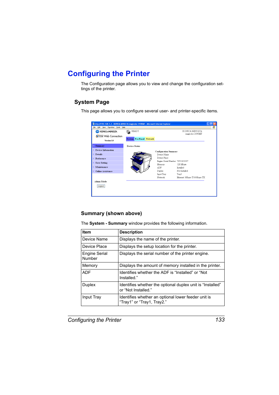 Configuring the printer, Summary (shown above), Configuring the printer 133 | Summary (shown above) 133, System page | Konica Minolta magicolor 2590MF User Manual | Page 143 / 198