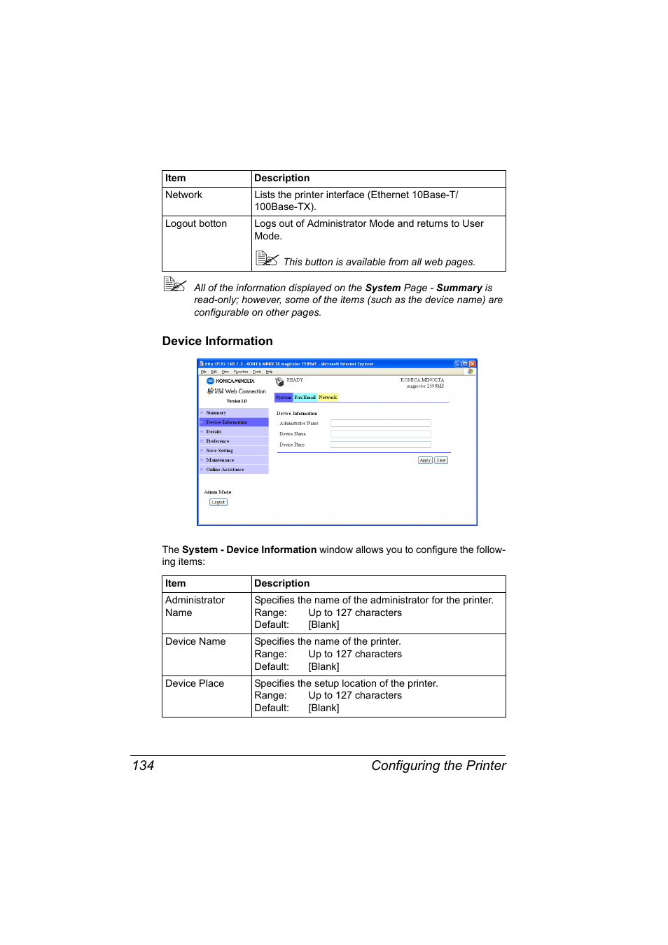 Device information, Device information 134, Configuring the printer 134 | Konica Minolta magicolor 2590MF User Manual | Page 144 / 198