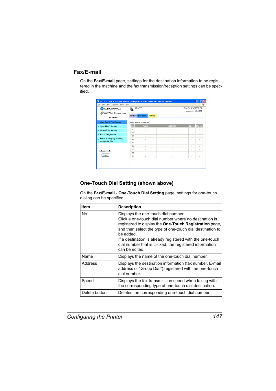 Fax/e-mail, One-touch dial setting (shown above), Fax/e-mail 147 | One-touch dial setting (shown above) 147, Configuring the printer 147 fax/e-mail | Konica Minolta magicolor 2590MF User Manual | Page 157 / 198