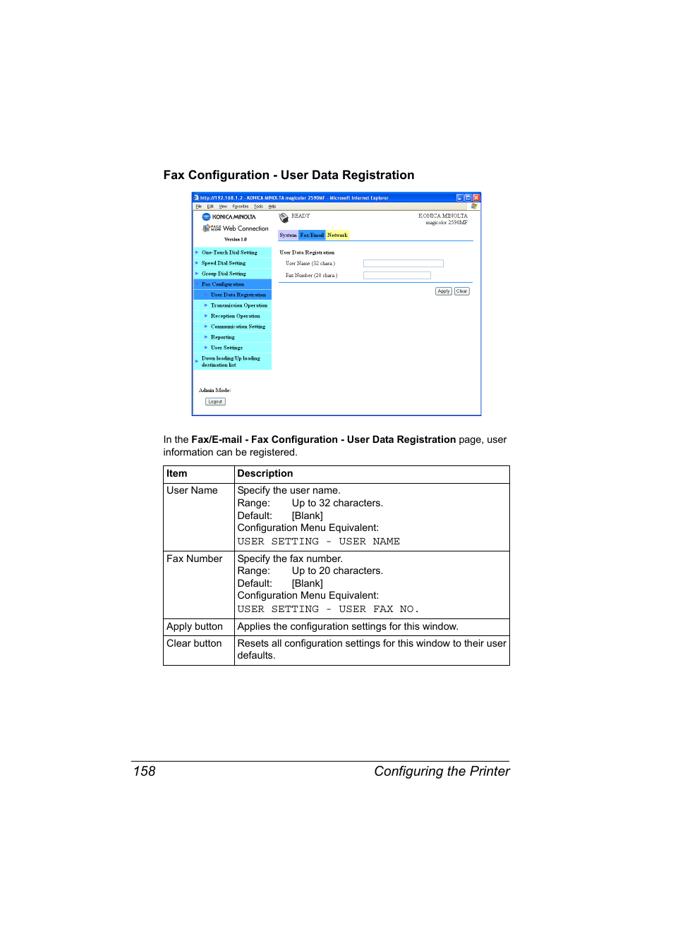 Fax configuration - user data registration, Fax configuration - user data registration 158, Configuring the printer 158 | Konica Minolta magicolor 2590MF User Manual | Page 168 / 198
